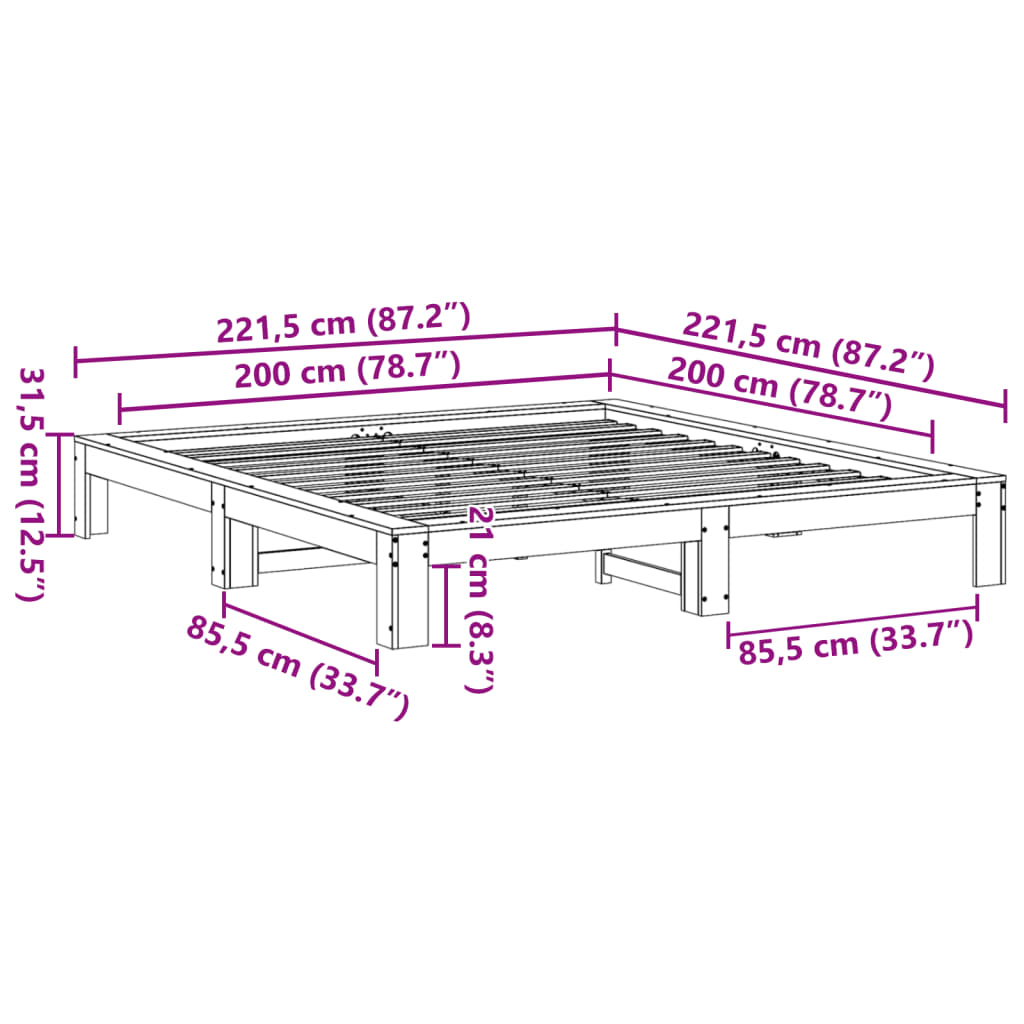 Bed frame without mattress brown wax 200x200cm solid pine wood