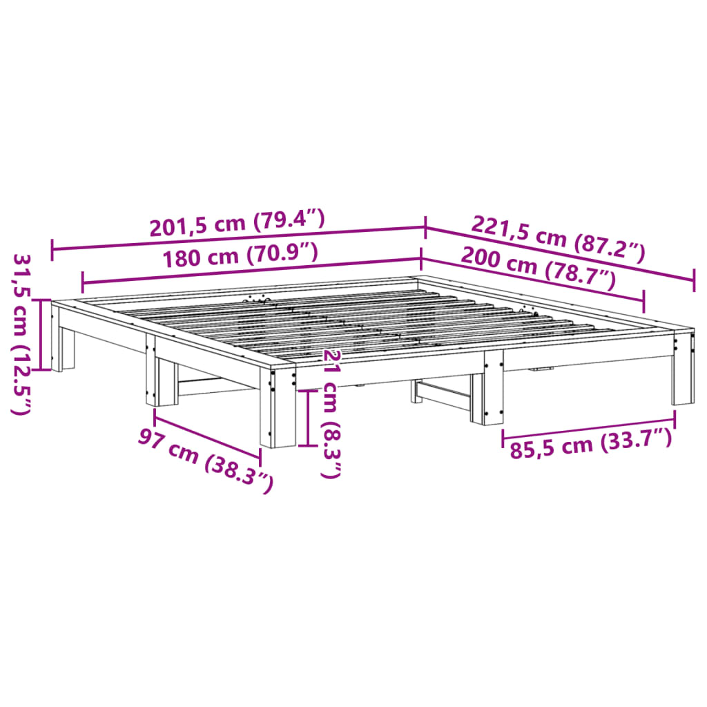 Bed frame without mattress 180x200 cm solid pine wood