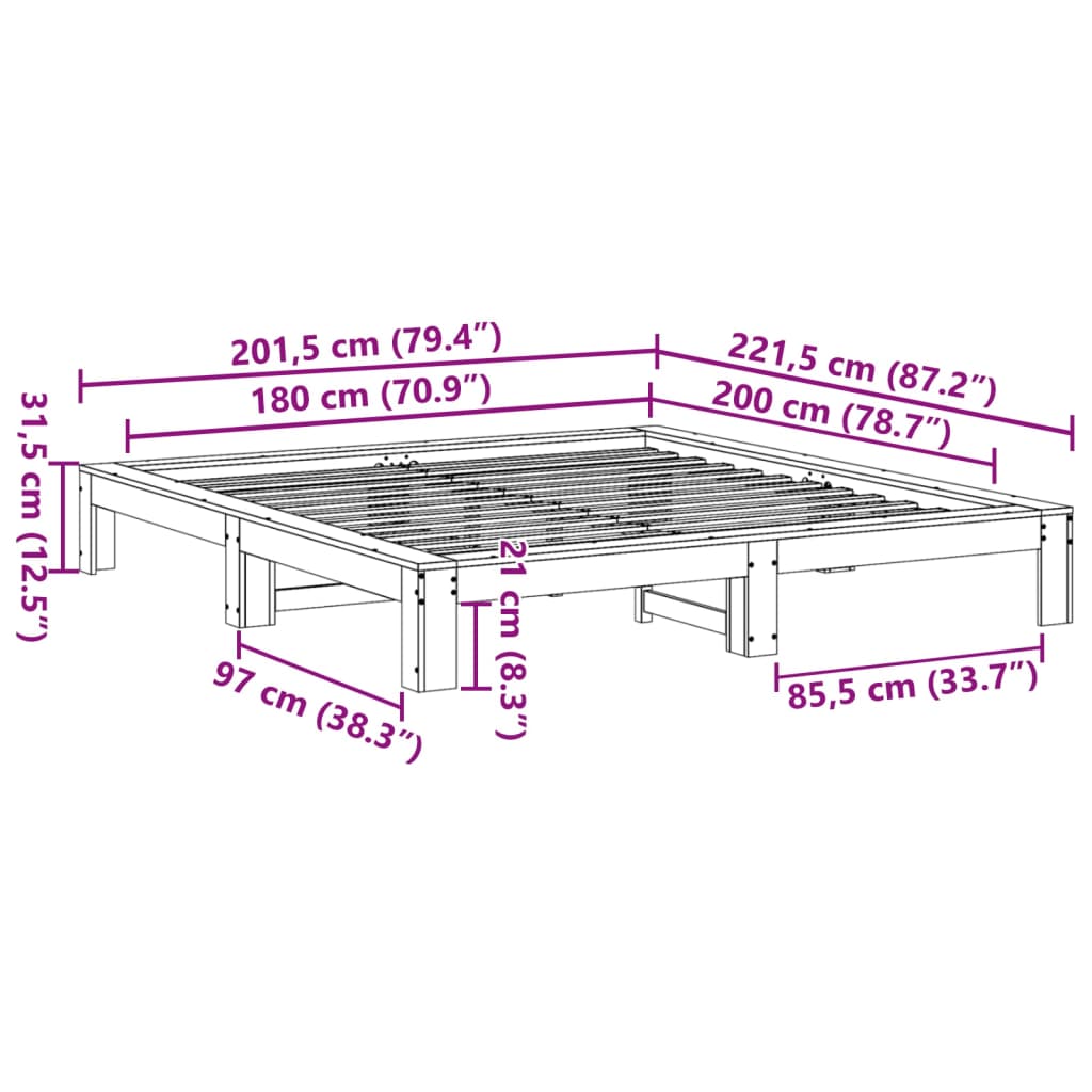 Cadre de lit sans matelas blanc 180x200 cm bois massif de pin