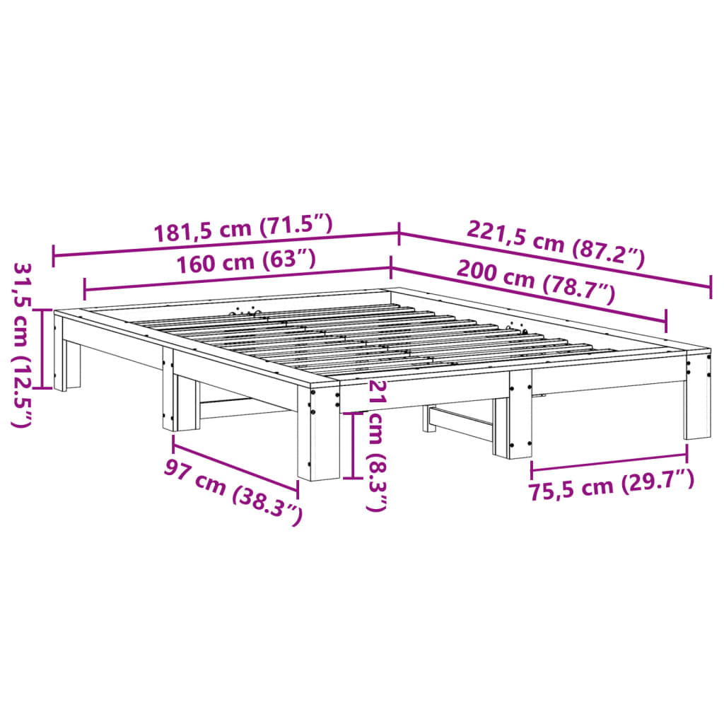 Cadre de lit sans matelas 160x200 cm bois massif de pin