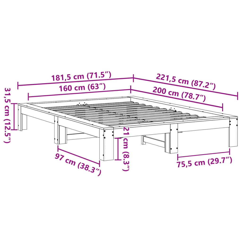 Bettgestell ohne Matratze, braunes Wachs, 160 x 200 cm, massives Kiefernholz