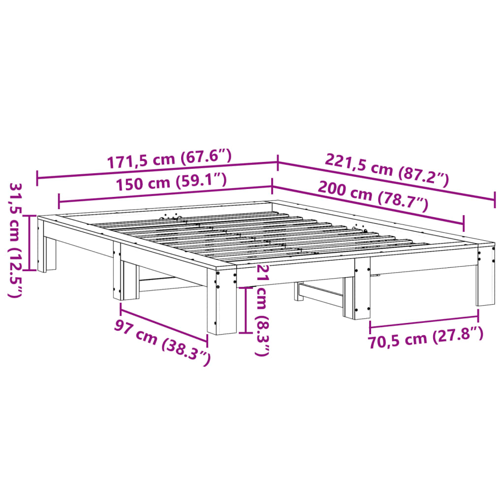 Bed frame without mattress white 150x200 cm solid pine wood