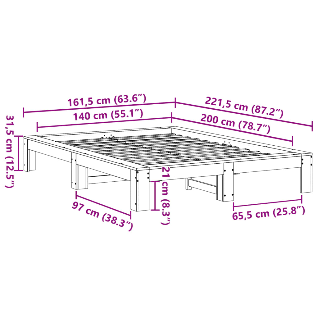 Bettgestell ohne weiße Matratze 140x200 cm aus massivem Kiefernholz