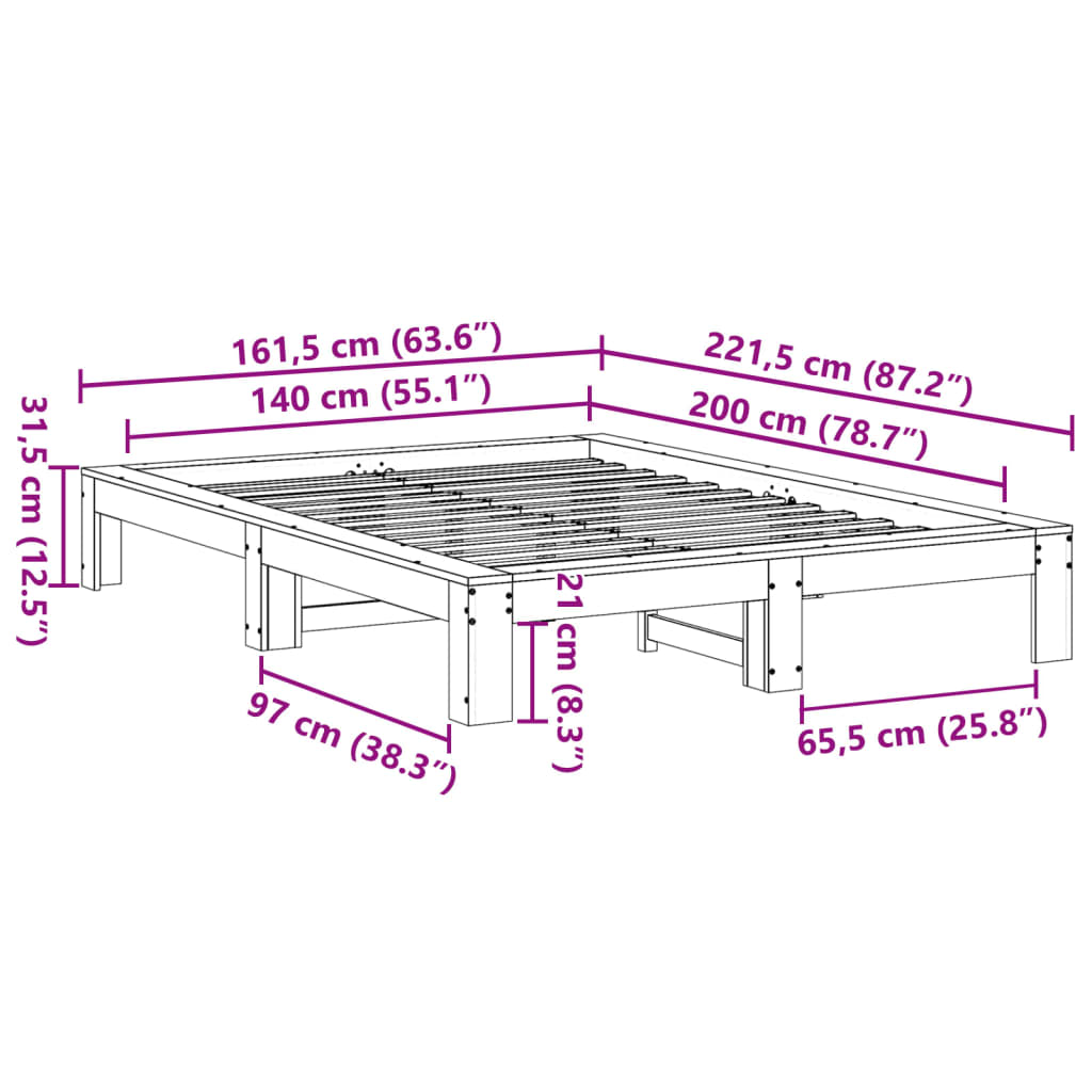 Bed frame without mattress brown wax 140x200cm solid pine wood