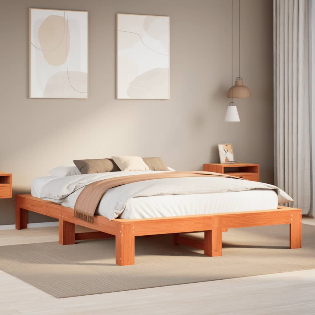 Bed frame without mattress brown wax 140x200cm solid pine wood