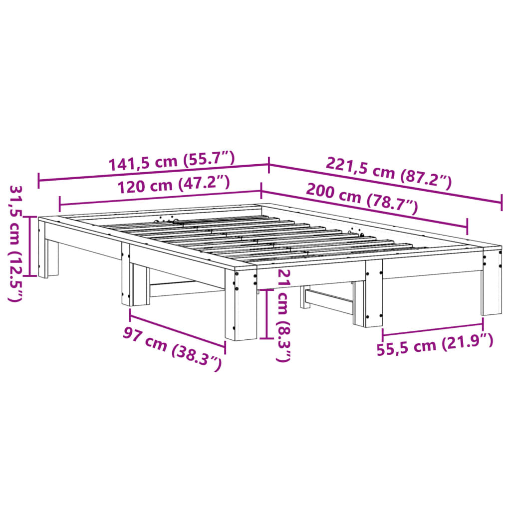 Bettgestell ohne Matratze, braunes Wachs, 120 x 200 cm, massives Kiefernholz