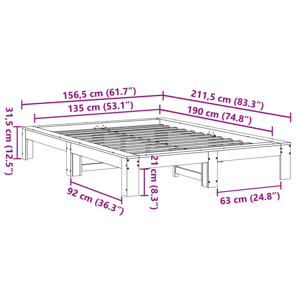 Cadre de lit sans matelas blanc 135x190 cm bois de pin massif