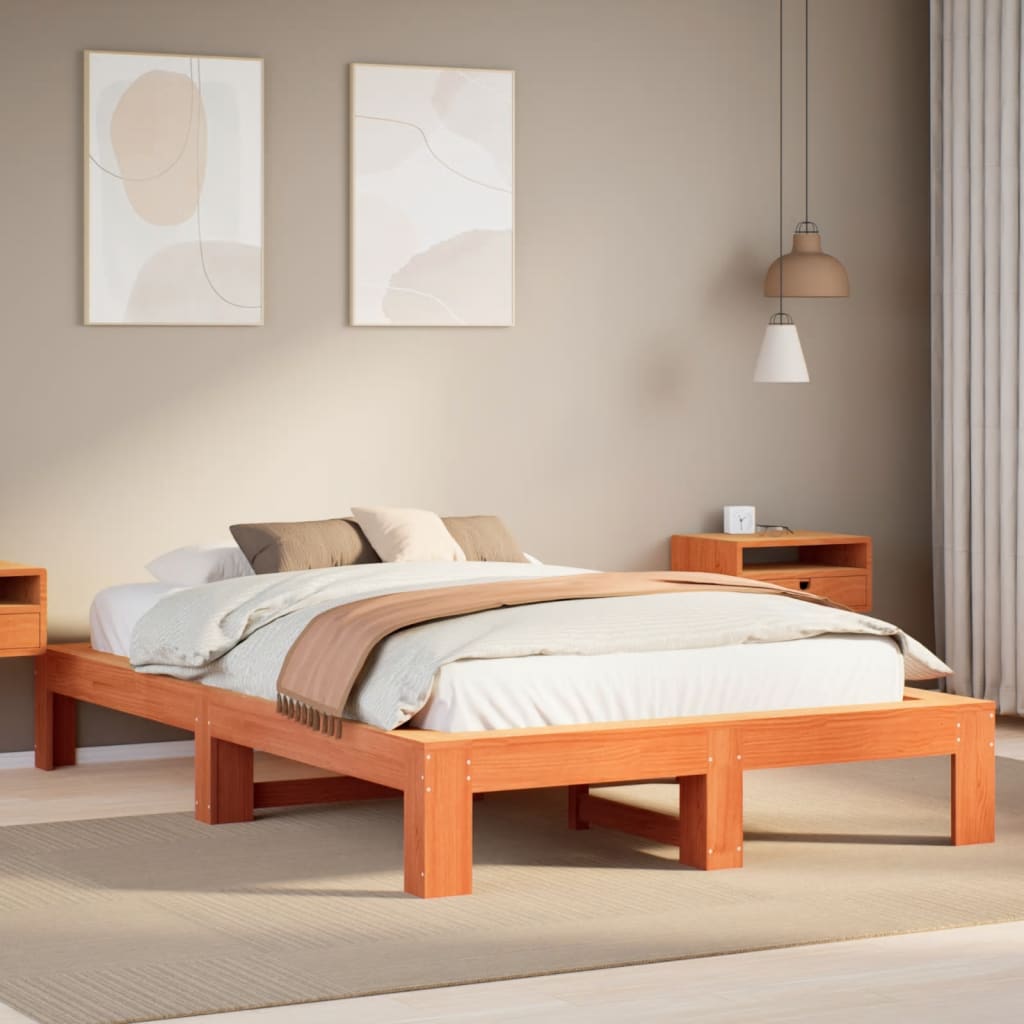 Cadre de lit sans matelas cire marron 135x190cm bois pin massif