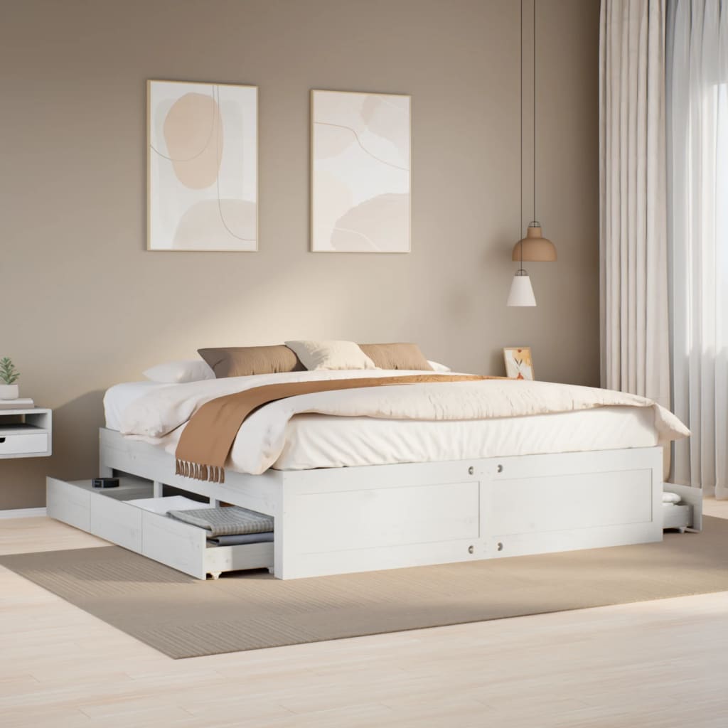 Cadre de lit sans matelas avec tiroirs blanc 180x200cm bois pin