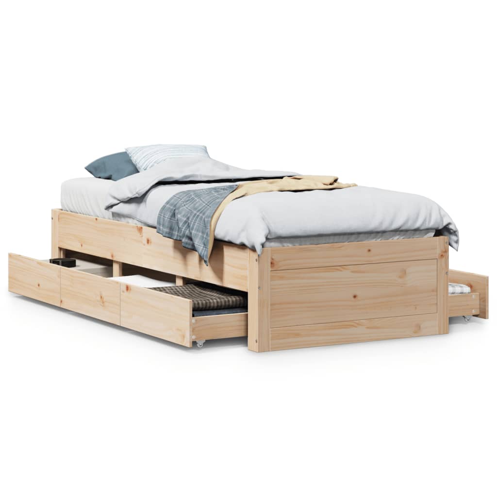 Bed frame without mattress with drawers 90x190 cm pine wood