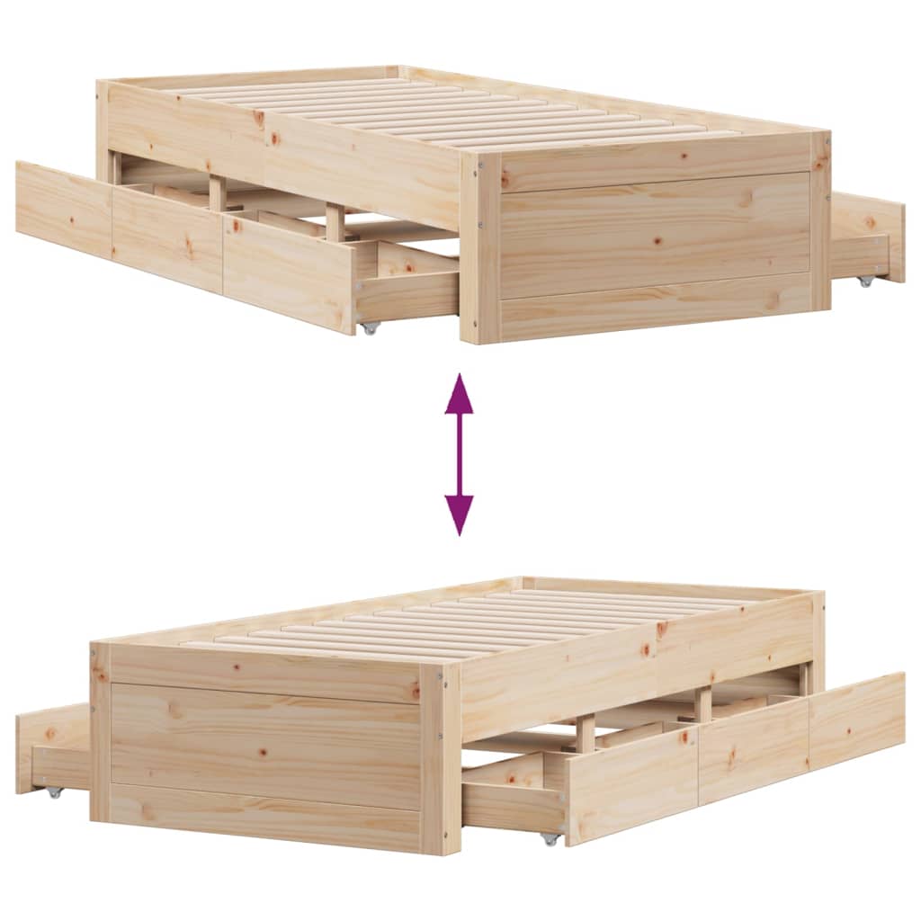 Bed frame without mattress with drawers 90x190 cm pine wood