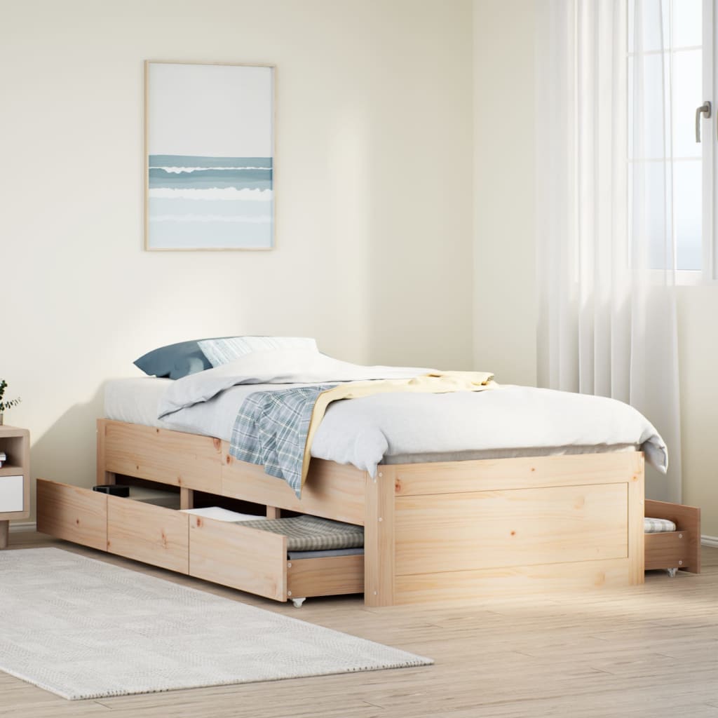 Bed frame without mattress with drawers 90x190 cm pine wood