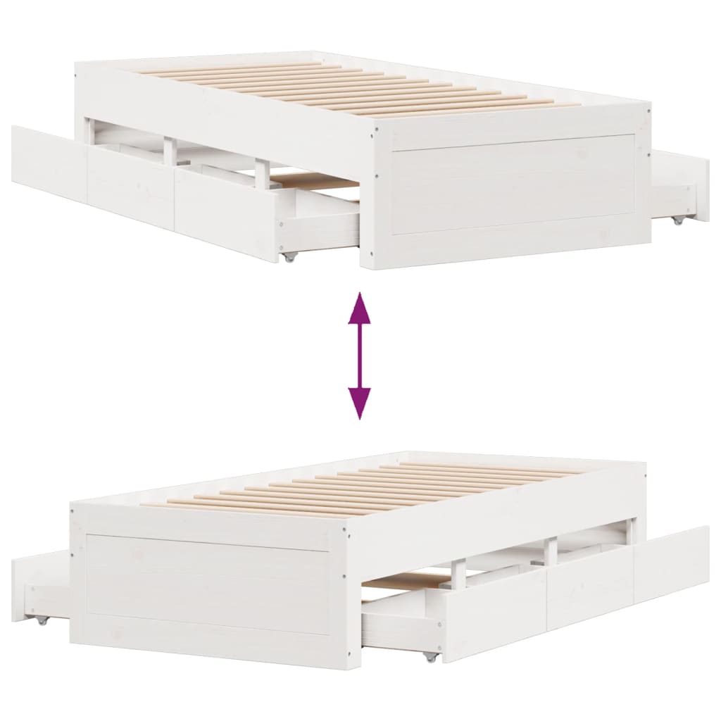 Bed frame without mattress with drawers 75x190 cm pine wood