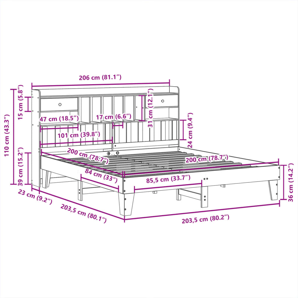 Cadre de lit sans matelas blanc 200x200 cm bois massif de pin