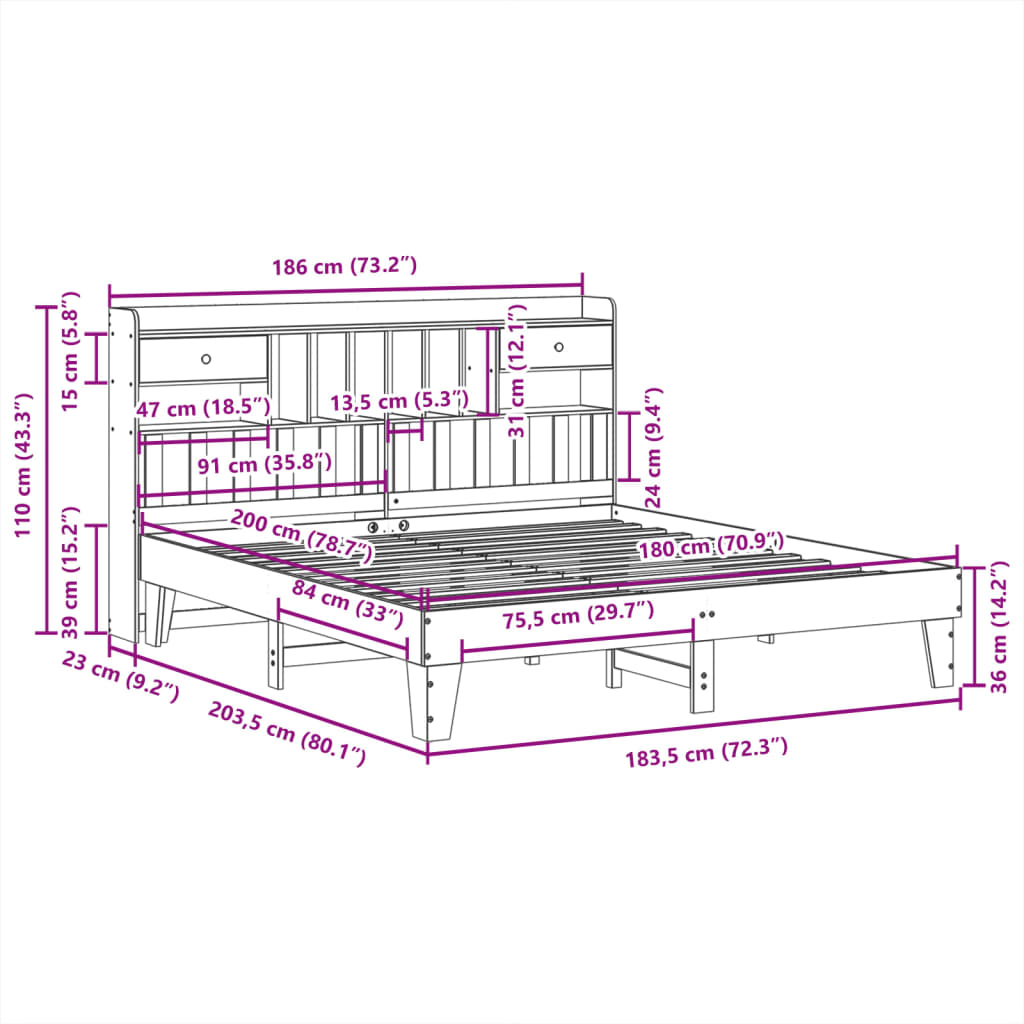 Cadre de lit sans matelas blanc 180x200 cm bois massif de pin