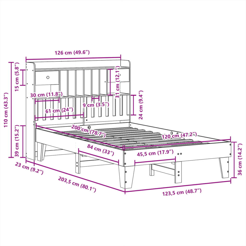 Cadre de lit sans matelas cire marron 120x200cm bois pin massif