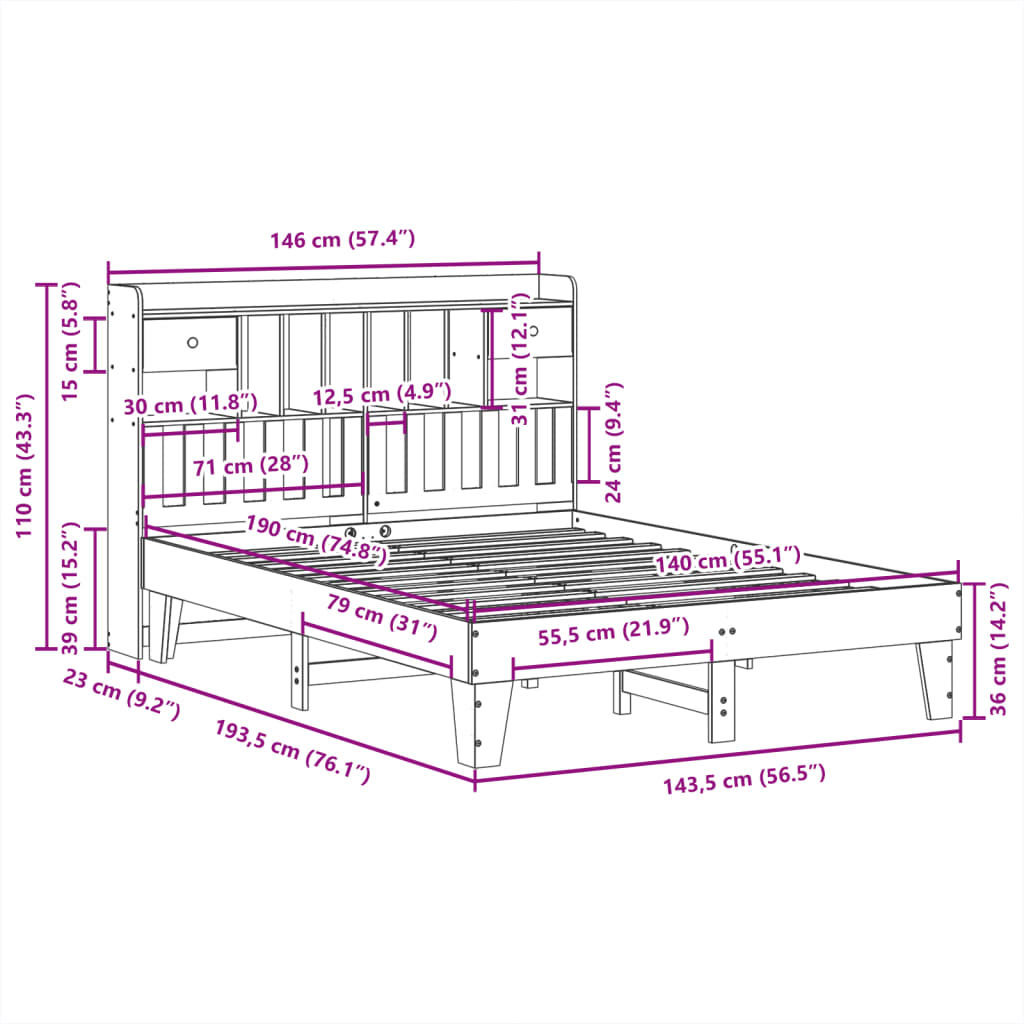 Bed frame without white mattress 140x190 cm solid pine wood