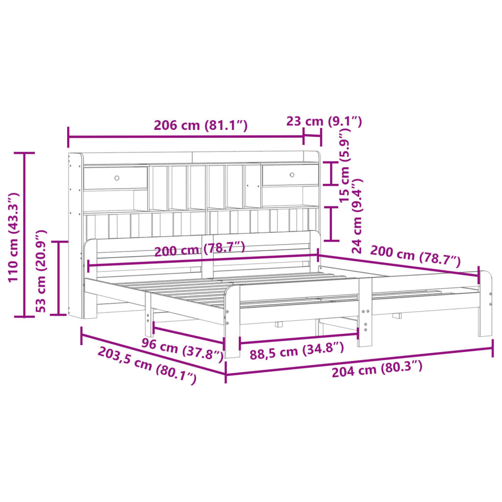 Bücherregalbett ohne braune Wachsmatratze 200x200 cm massive Kiefer