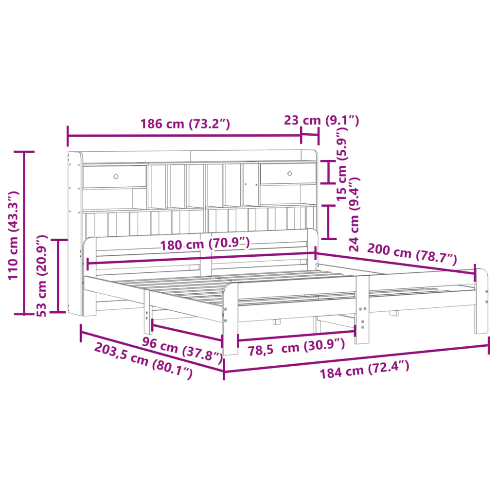 Lit bibliothèque sans matelas 180x200 cm bois massif de pin