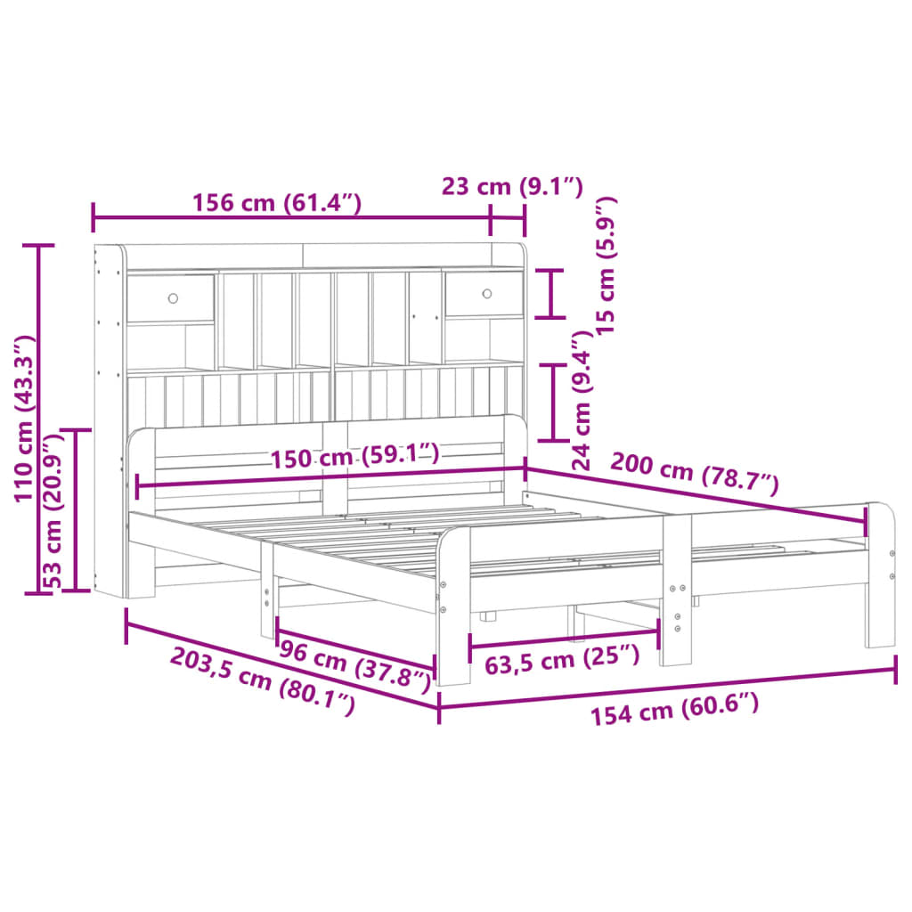 Bücherregalbett ohne weiße Matratze 150x200 cm aus massivem Kiefernholz