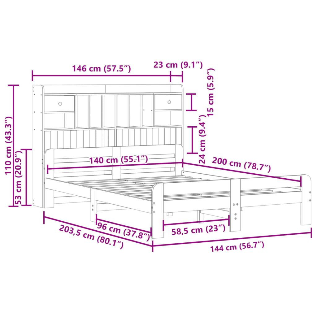 Lit bibliothèque sans matelas 140x200 cm bois massif de pin