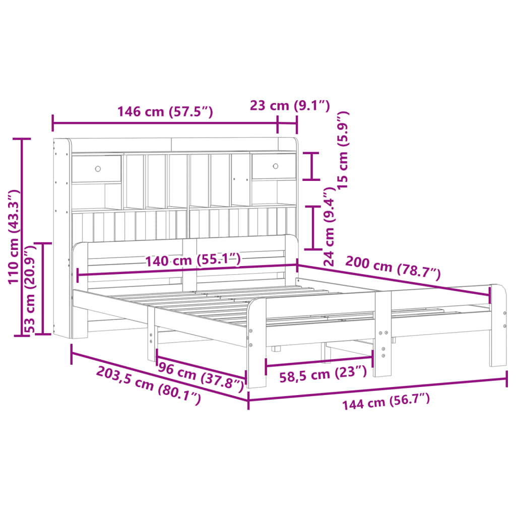 Lit bibliothèque sans matelas blanc 140x200 cm bois pin massif