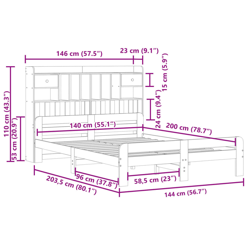 Lit bibliothèque sans matelas cire marron 140x200 cm pin massif