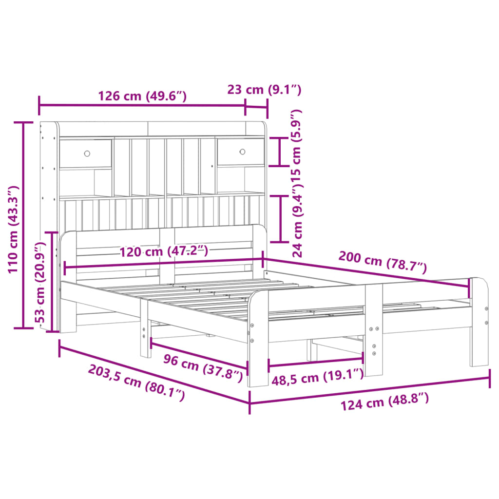 Library bed without mattress 120x200 cm solid pine wood