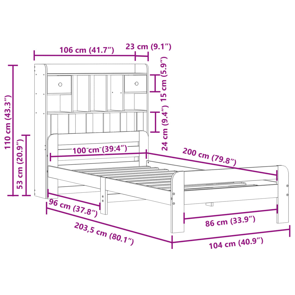 Bücherregalbett ohne weiße Matratze 100x200 cm aus massivem Kiefernholz