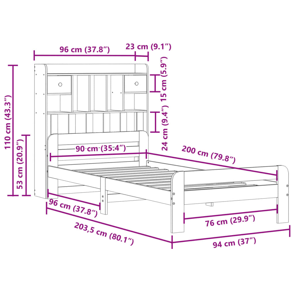 Library bed without mattress 90x200 cm solid pine wood