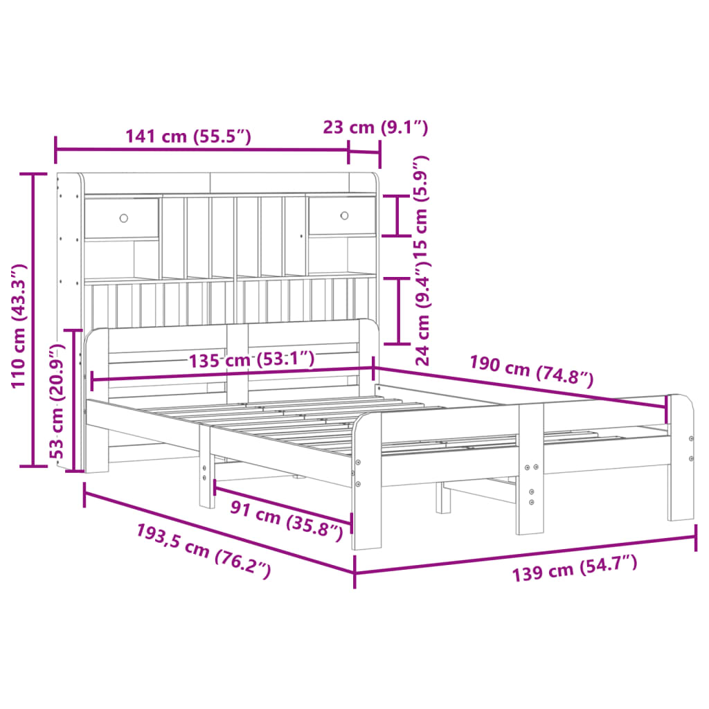 Bücherregalbett ohne Matratze 135x190 cm aus massivem Kiefernholz