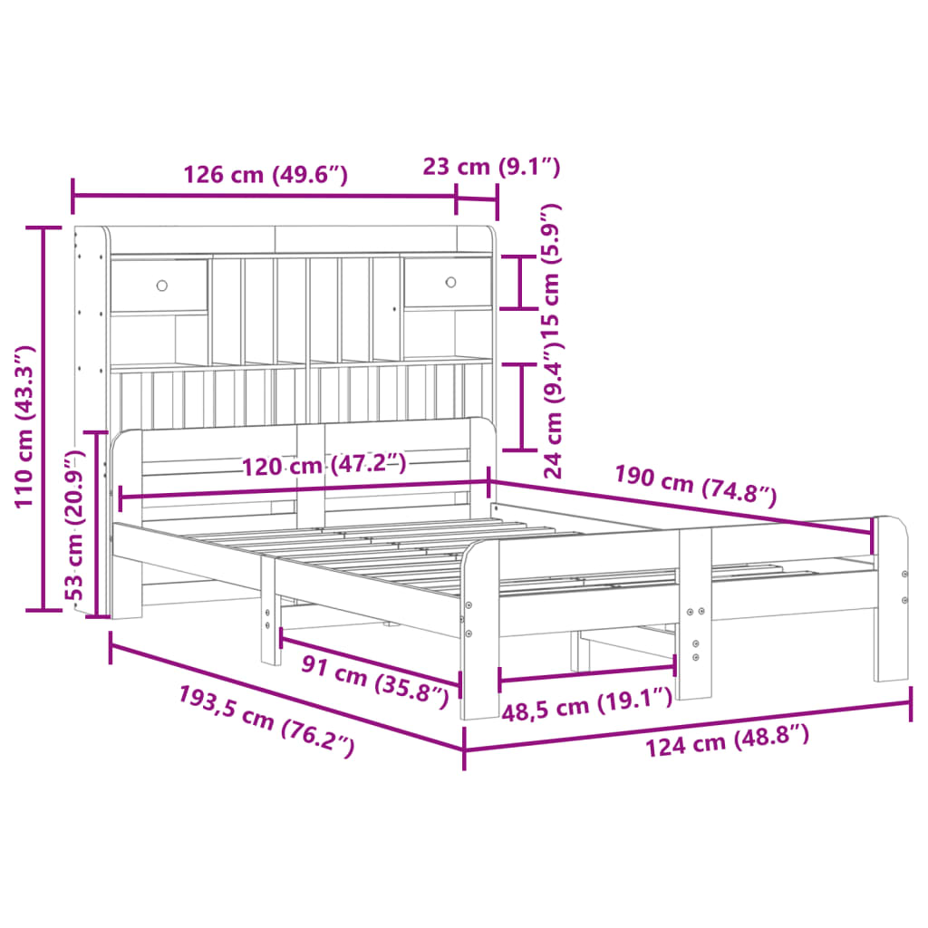 Bücherregalbett ohne Matratze 120x190 cm aus massivem Kiefernholz