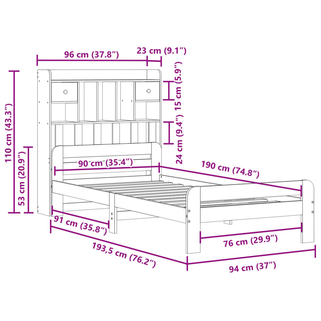 Bücherregalbett ohne Matratze 90x190 cm aus massivem Kiefernholz