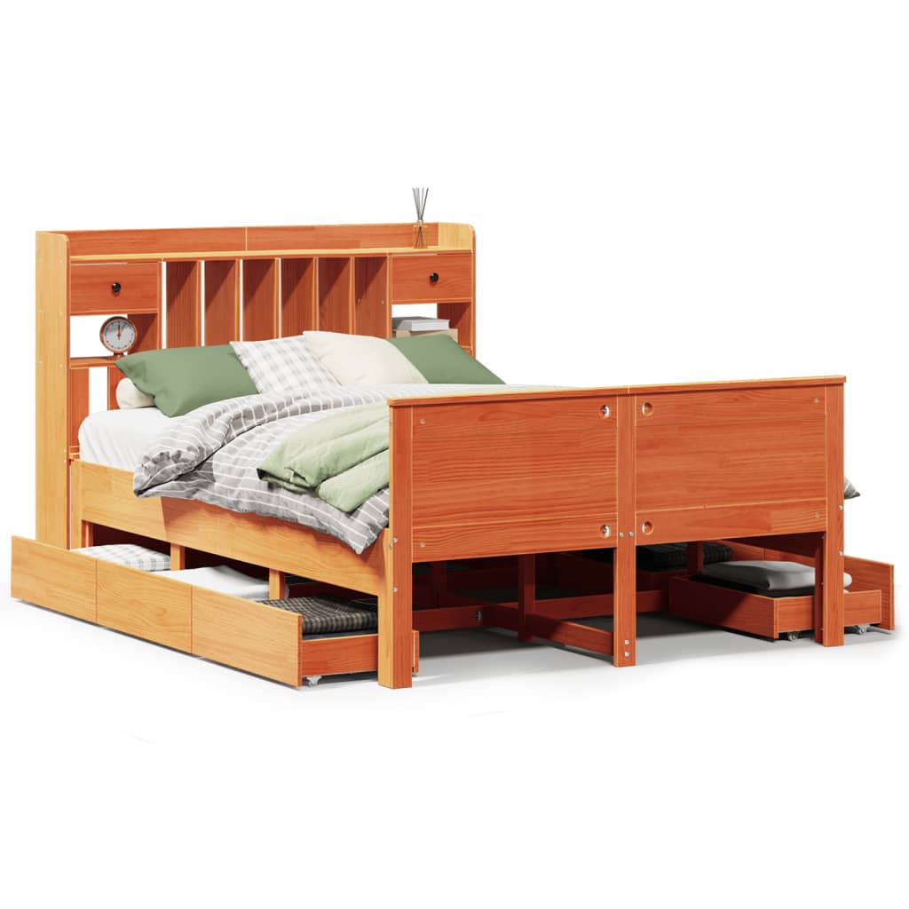 Library bed without brown wax mattress 150x200 cm solid pine