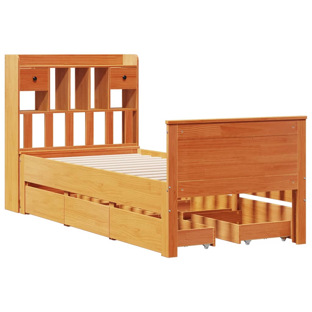 Lit bibliothèque sans matelas cire marron 90x200 cm pin massif