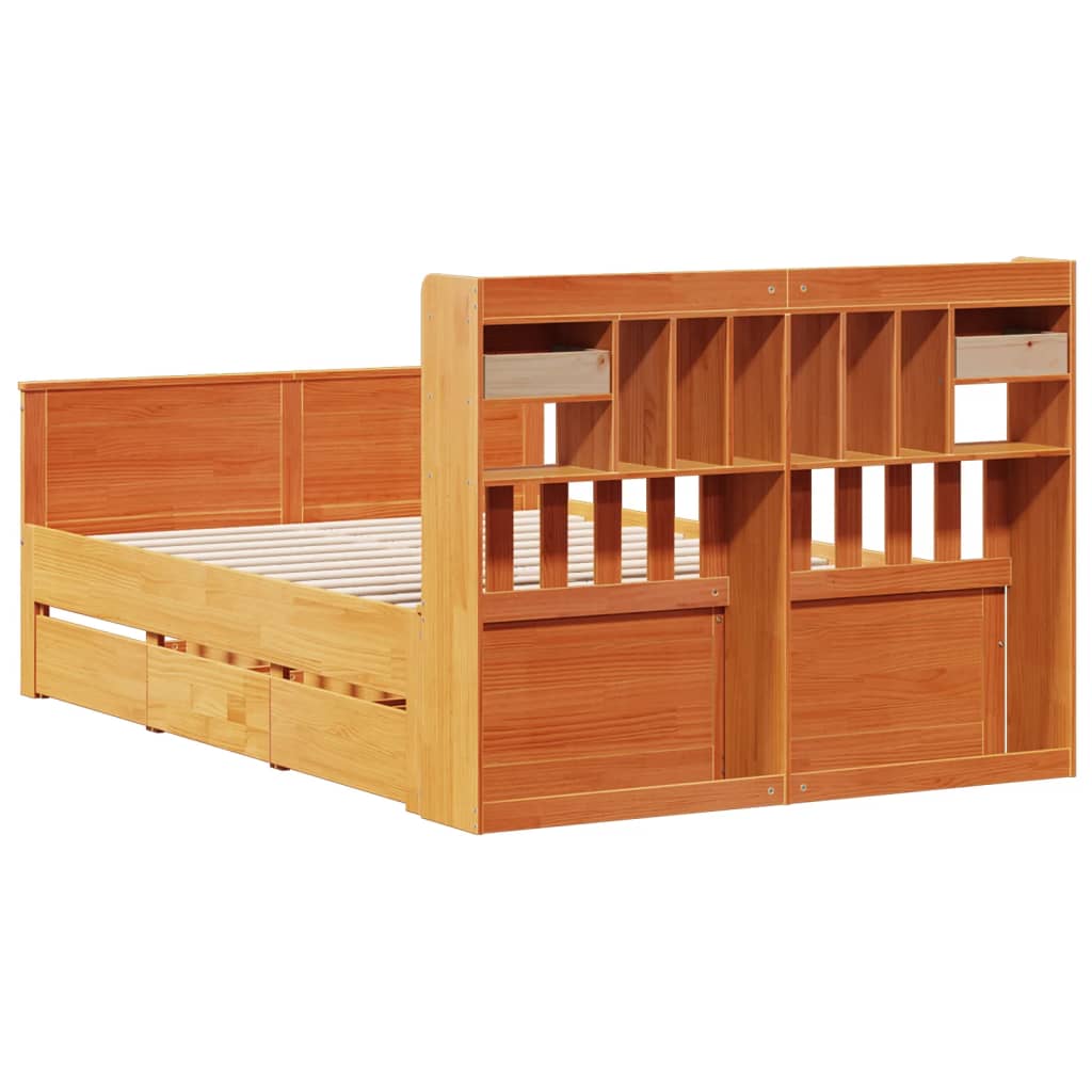 Bookcase bed without brown wax mattress 140x190 cm solid pine