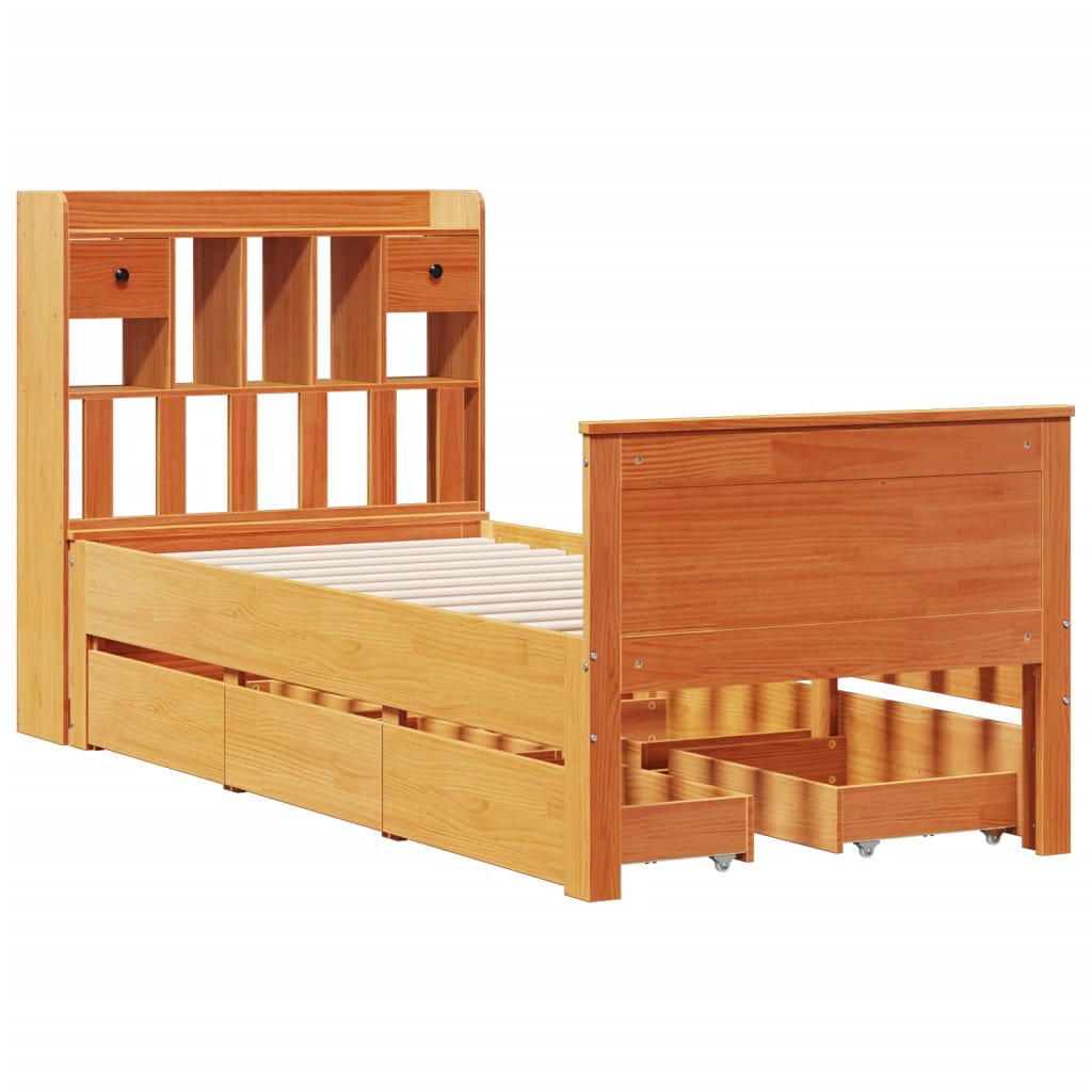 Lit bibliothèque sans matelas cire marron 90x190 cm pin massif