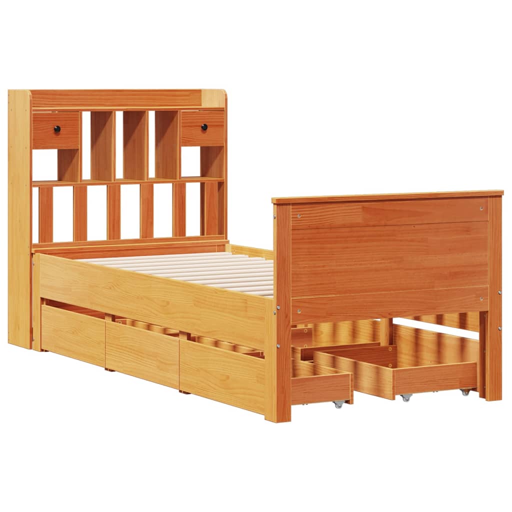 Bookcase bed without brown wax mattress 75x190 cm solid pine