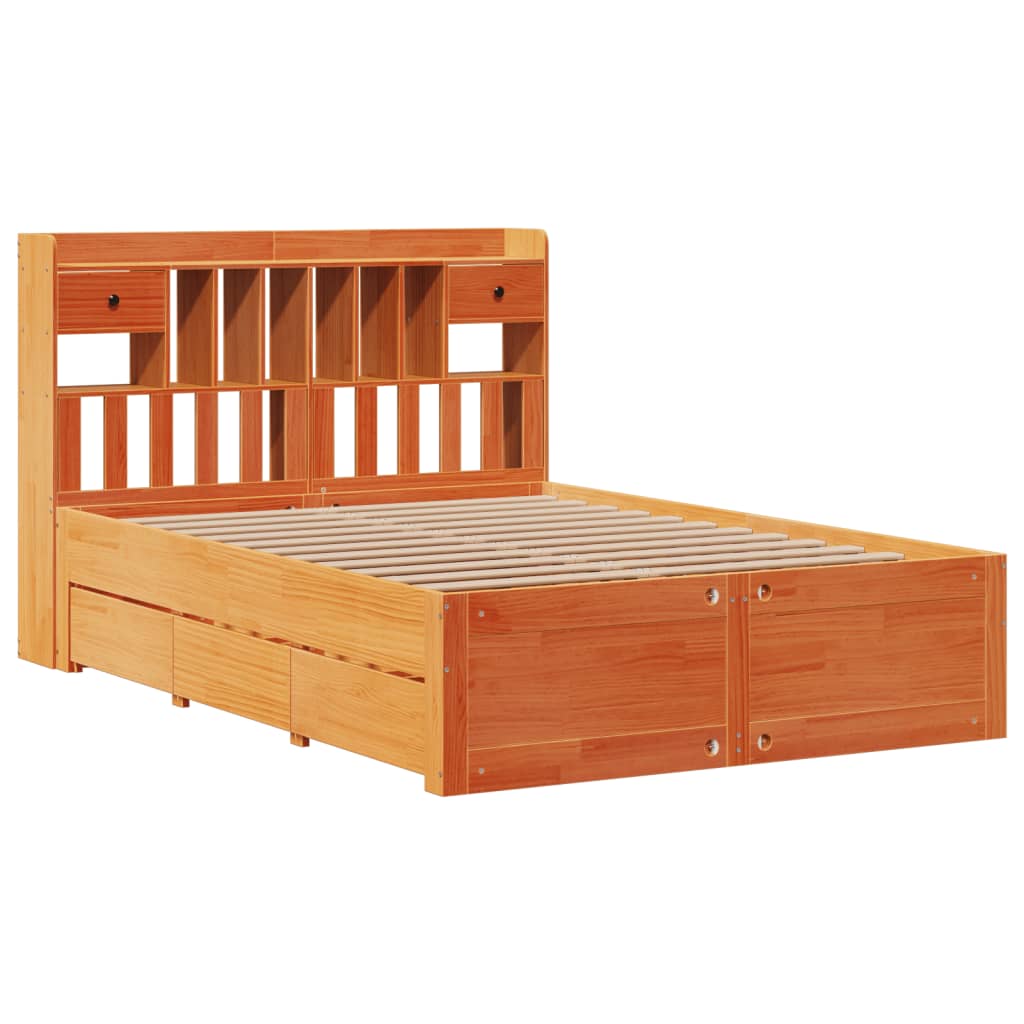 Library bed without brown wax mattress 140x200 cm solid pine