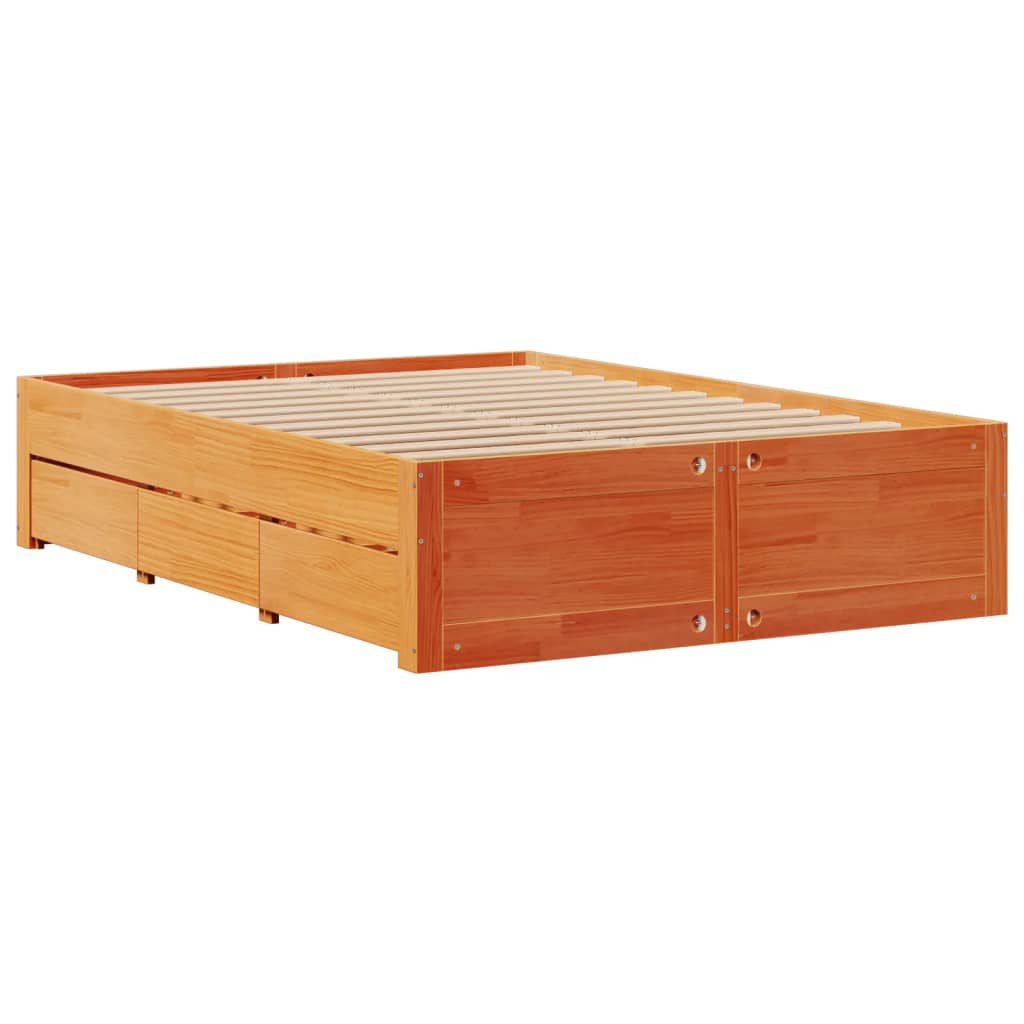 Library bed without brown wax mattress 140x200 cm solid pine