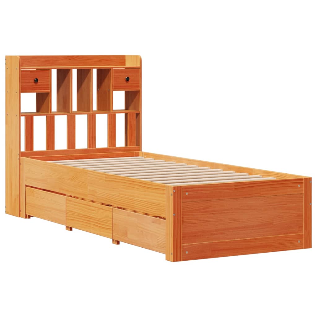 Library bed without brown wax mattress 90x200 cm solid pine