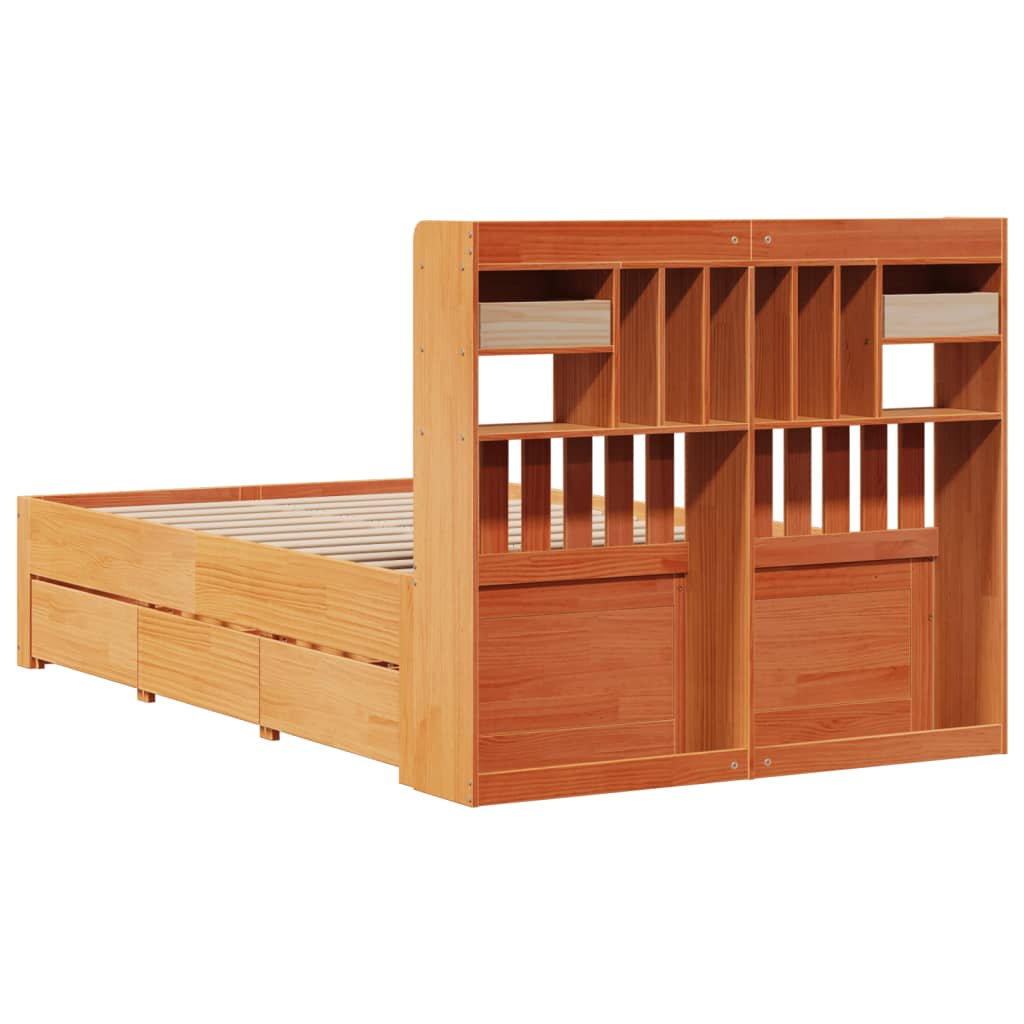 Bookcase bed without brown wax mattress 135x190 cm solid pine