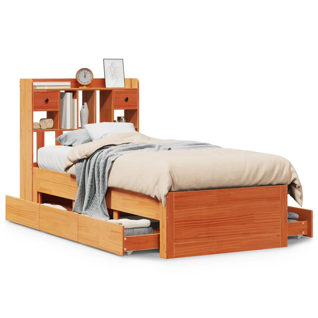 Lit bibliothèque sans matelas cire marron 75x190 cm pin massif