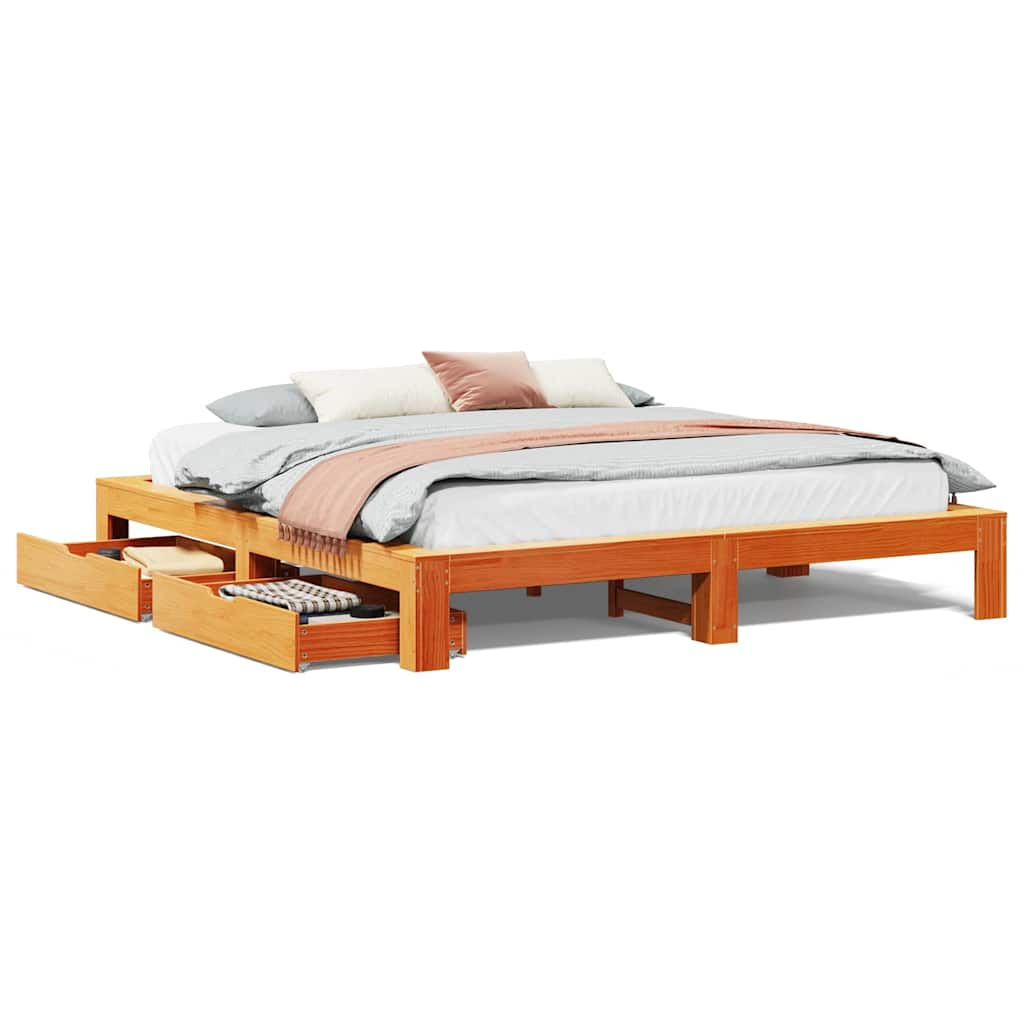 Bed frame without mattress brown wax 180x200cm solid pine wood