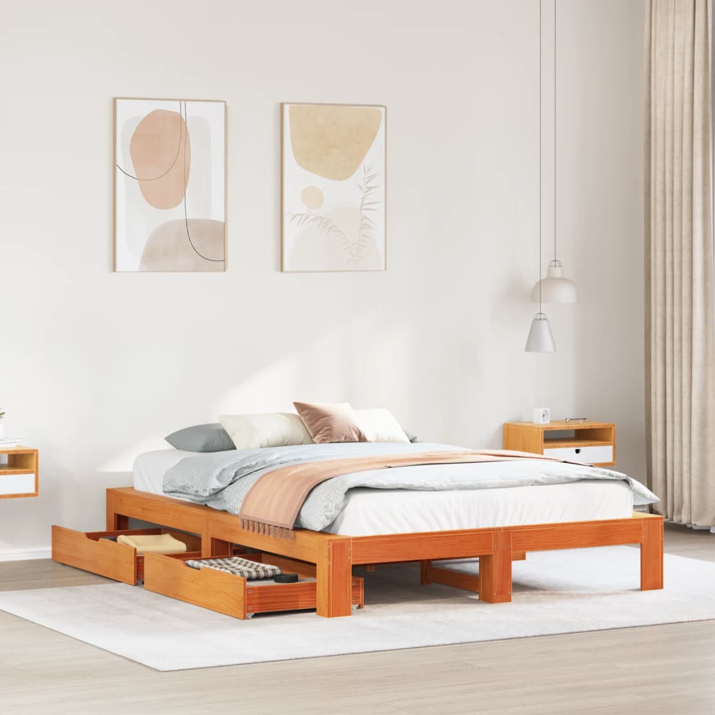 Bed frame without mattress brown wax 140x200cm solid pine wood