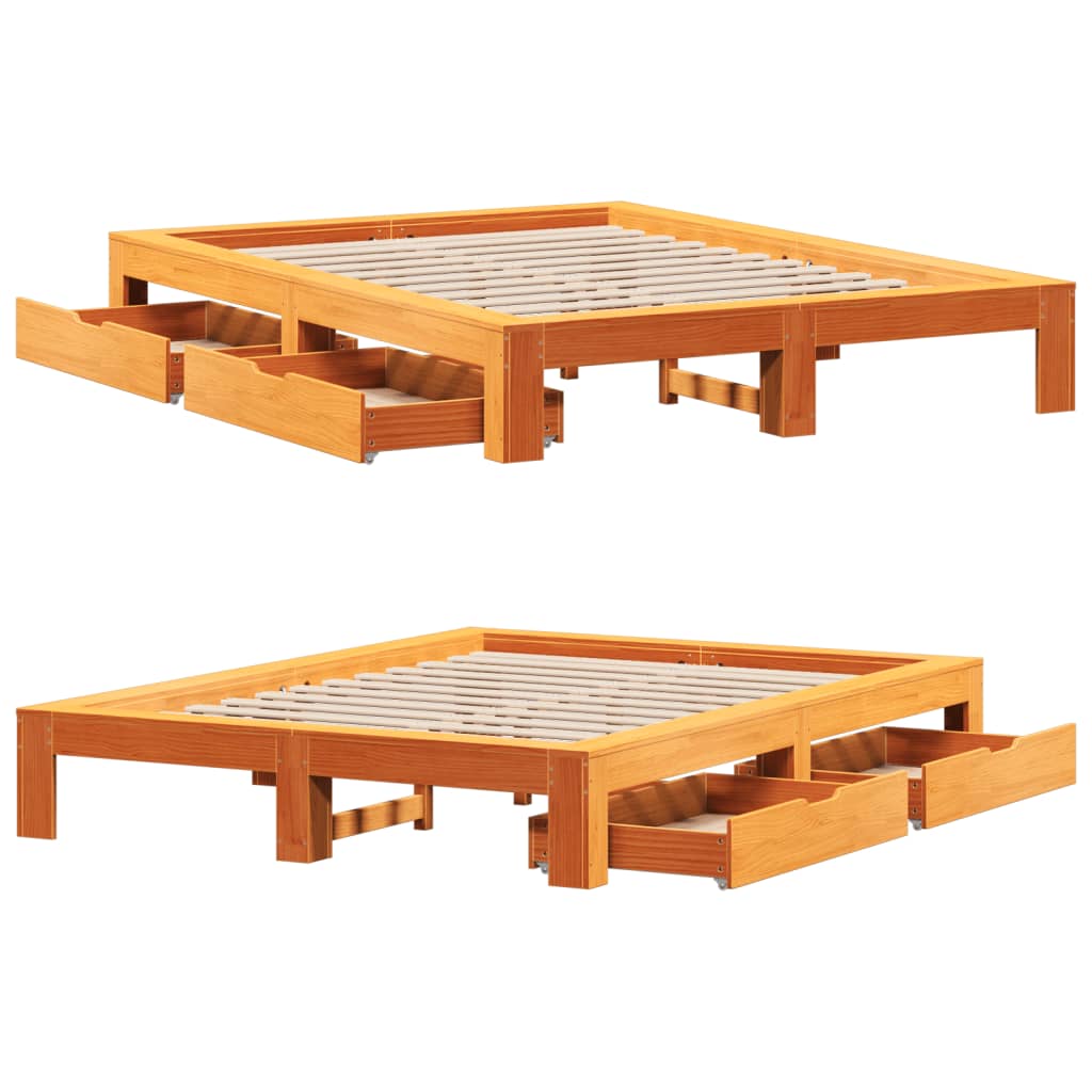 Bed frame without mattress brown wax 140x190cm solid pine wood