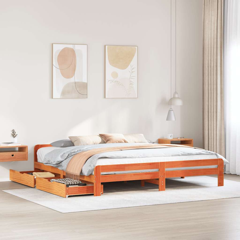 Bed frame without mattress brown wax 200x200cm solid pine wood