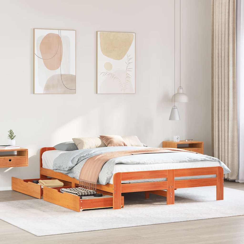 Bed frame without mattress brown wax 160x200cm solid pine wood