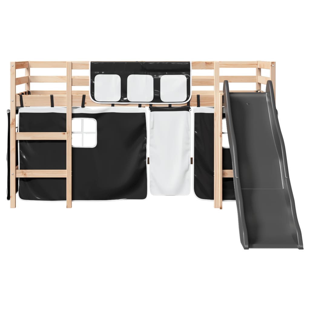 Children's loft bed and white/black curtains 80x200cm solid pine