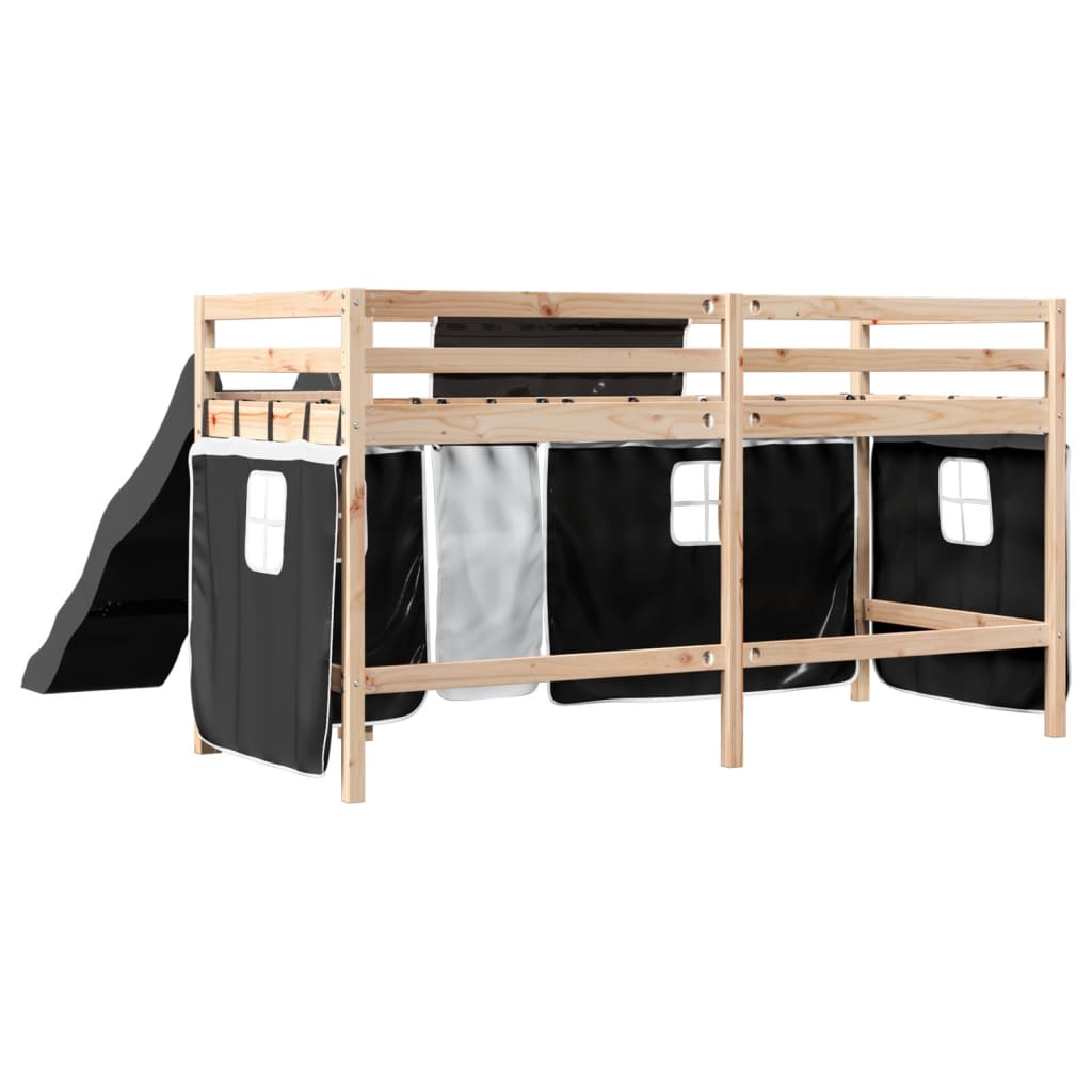 Children's loft bed and white/black curtains 80x200cm solid pine